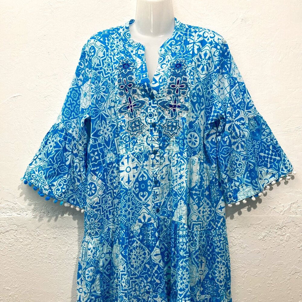 Siya Button up Dress Tiered Floral Beaded Pom Pom Hem Boho Cottagecore Blue L? - Picture 3 of 15
